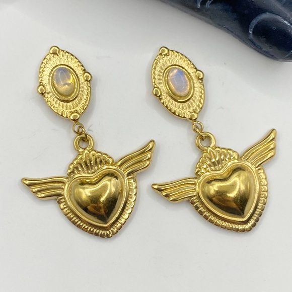 Free People Jewelry - NEW Gold Winged Heart Drop Dangle Earrings